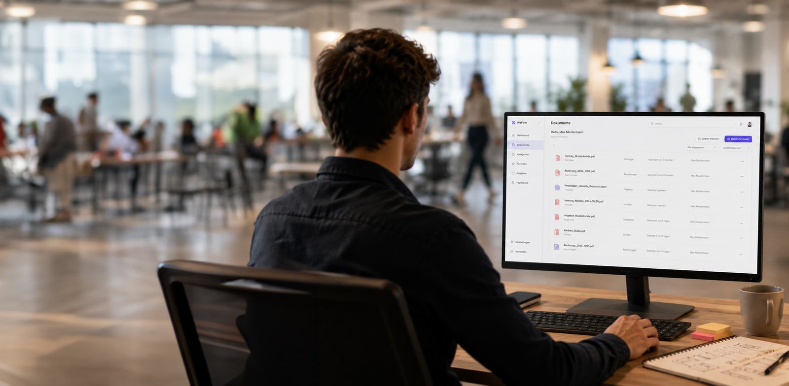 Mensch im Büro arbeitet am Monitor mit WeFirm