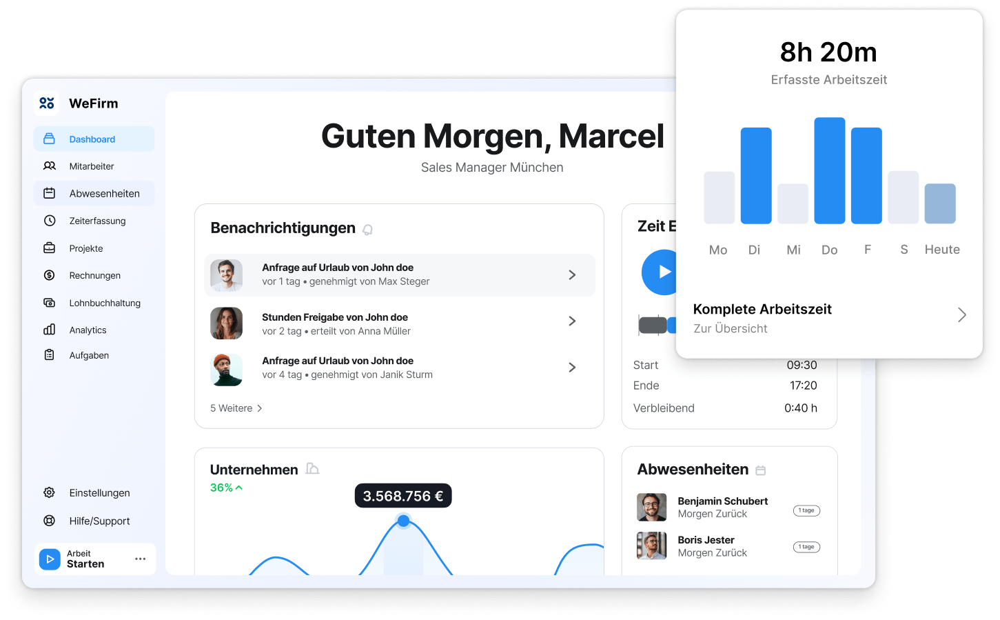 WeFirm Dashboard Vorschau mit Zeiterfassung
